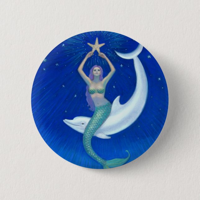 Dolphin Moon Mermaid 2 Inch Round Button (Front)