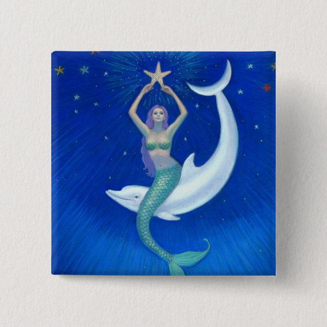 Dolphin Moon Mermaid 2 Inch Square Button (Front)