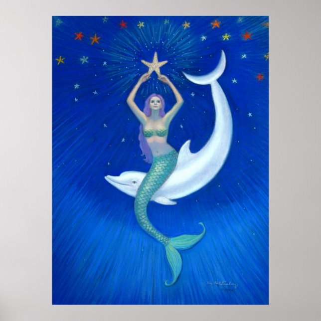 Dolphin Moon Mermaid fantasy art Poster (Front)
