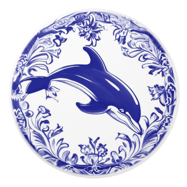 Dolphin Navy Blue and White Sea Ocean Right Facing Ceramic Knob (Front)