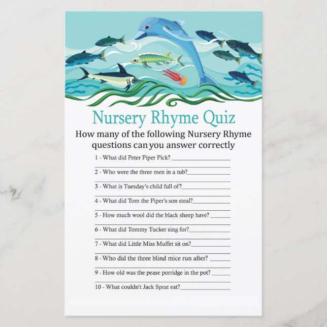 Dolphin Nursery Rhyme Quiz baby shower game (Front)