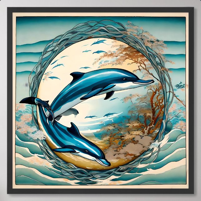 Dolphin Painting with Seaweed Circle Blue Harmony Poster (Dolphin Painting with Seaweed Circle Blue Harmony)