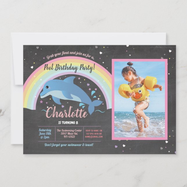 Dolphin Photo Pool Rainbow Party Birthday Float Invitation (Front)
