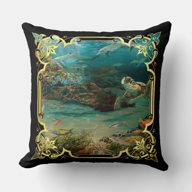 dolphin/porpoises, sea turtle ocean fish sea fleec throw pillow (Front)