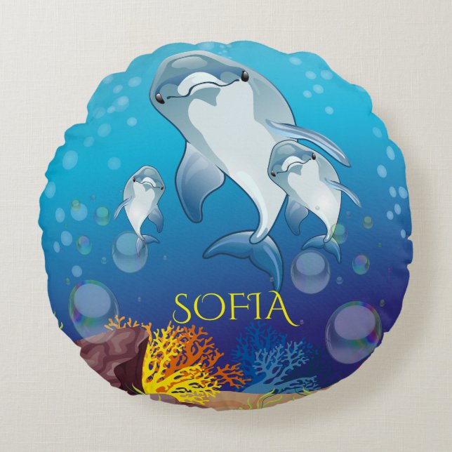Dolphin round throw pillow for kids personalized. (Front)