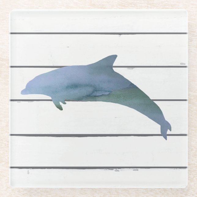 Dolphin Shiplap Rustic Beach Decor Glass Coaster (Front)