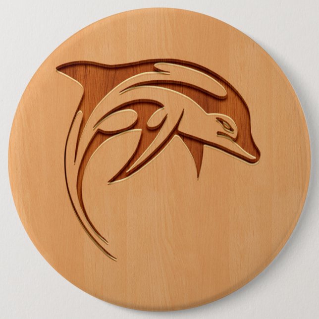 Dolphin silhouette engraved on wood design 6 inch round button (Front)