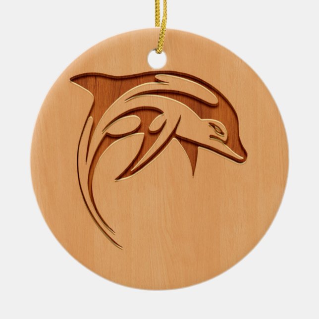 Dolphin silhouette engraved on wood design ceramic ornament (Front)