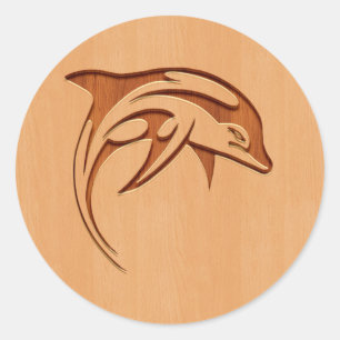Dolphin silhouette engraved on wood design classic round sticker