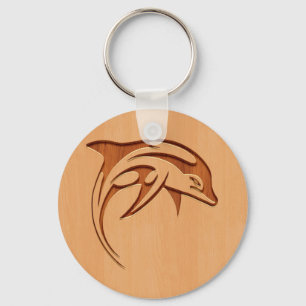 Dolphin silhouette engraved on wood design keychain