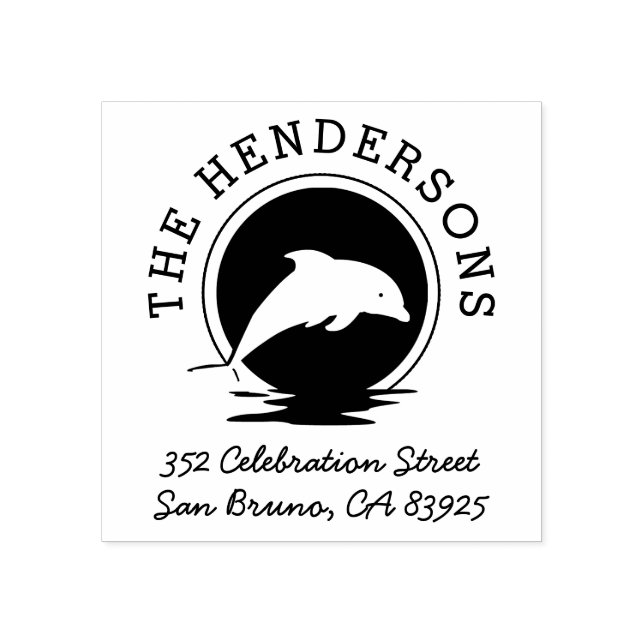 Dolphin Silhouette Round Name & Return Address Rubber Stamp (Imprint)