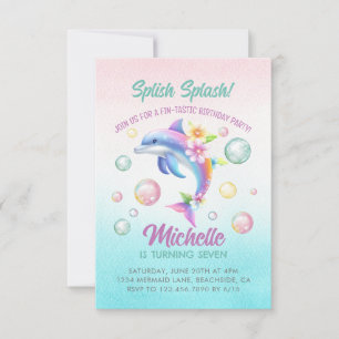Dolphin Splish Splash Girl Birthday Invitation