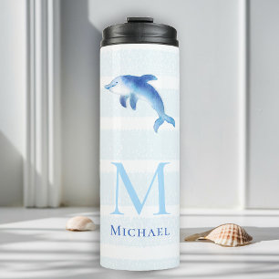 Dolphin Stripes Monogram Beach Nautical Watercolor Thermal Tumbler