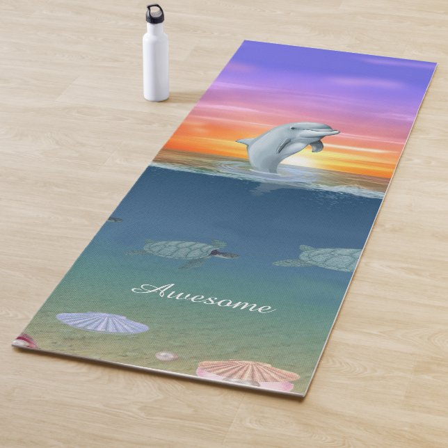 Dolphin, sunrise, turtles and Script Yoga Mat (In Situ)