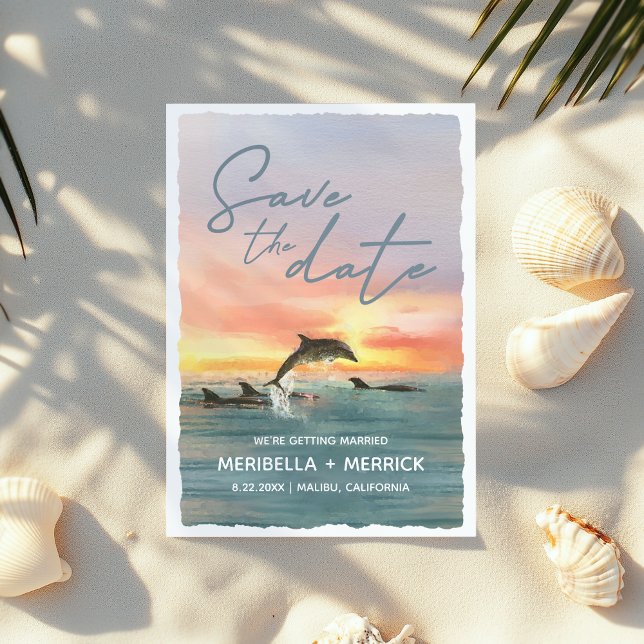 Dolphin Sunset Beach Watercolor Wedding Save The D Date (Creator Uploaded)