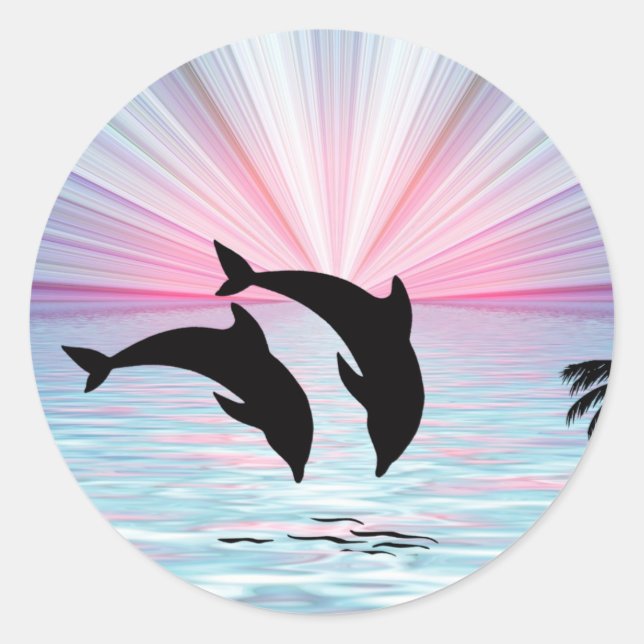 Dolphin Sunset Classic Round Sticker (Front)