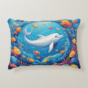 Dolphin Surrounded by Vibrant Tropical Fish Accent Pillow