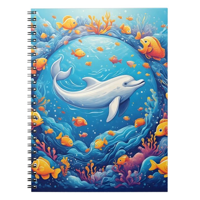  Dolphin Surrounded by Vibrant Tropical Fish Notebook (Front)