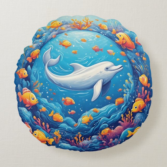  Dolphin Surrounded by Vibrant Tropical Fish Round Pillow (Front)
