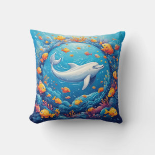 Dolphin Surrounded by Vibrant Tropical Fish Throw Pillow