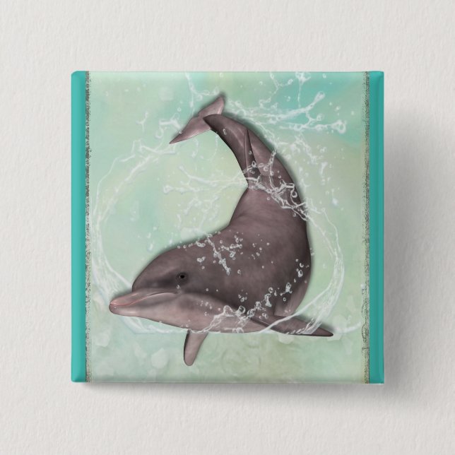 Dolphin Swimming Around in Cool Green Water 2 Inch Square Button (Front)