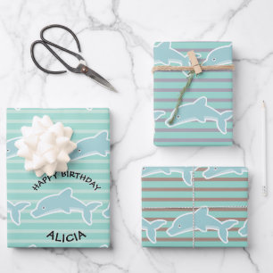 Dolphin Swimming Happy Birthday Stripes Wrapping Paper Sheet
