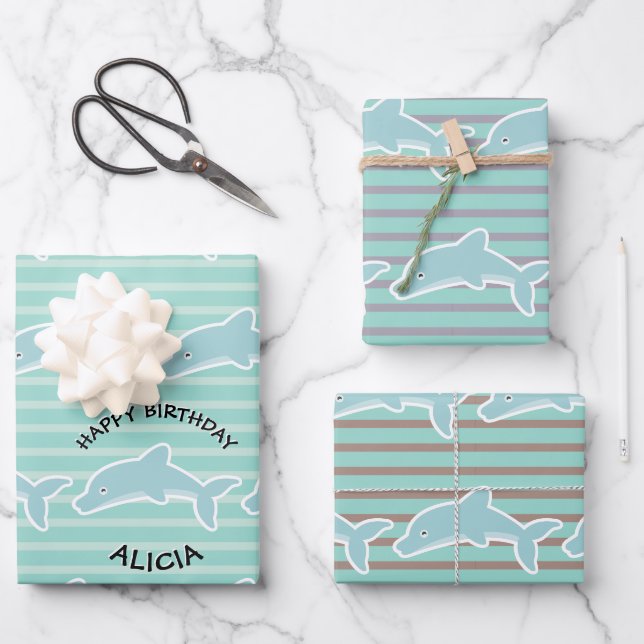 Dolphin Swimming Happy Birthday Stripes Wrapping Paper Sheet (Front)