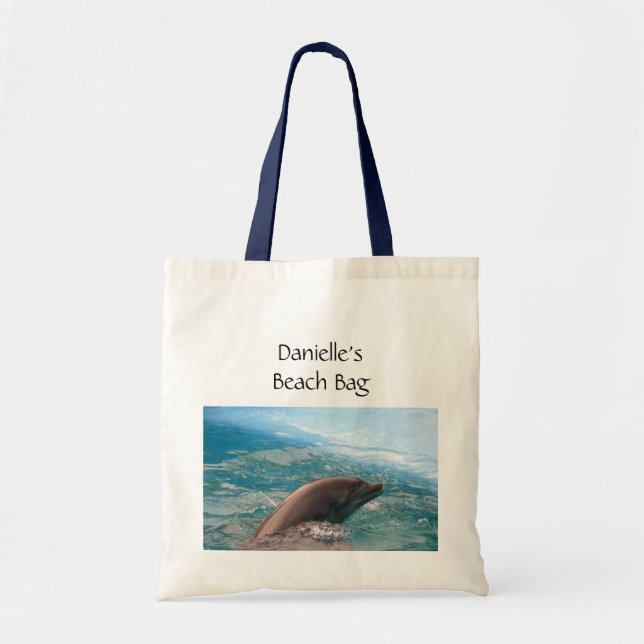 Dolphin Swimming in Blue Ocean Water Custom Name Tote Bag (Front)