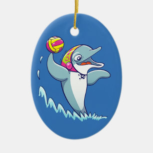 Dolphin throwing the ball while playing water polo ceramic ornament