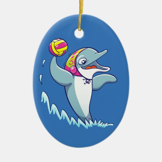 Dolphin throwing the ball while playing water polo ceramic ornament (Front)