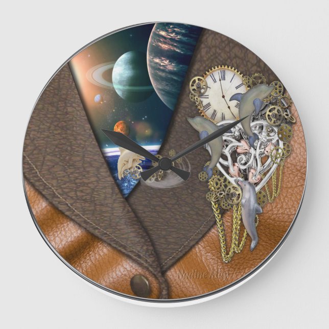Dolphin time on leather large clock (Front)