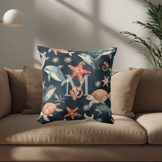 Dolphin Turtle Marine Life Coastal Nursery Decor Throw Pillow