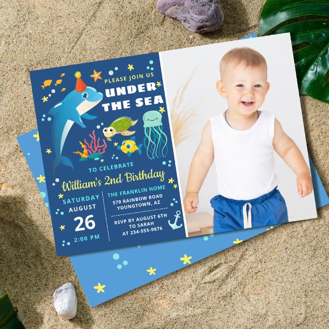 Dolphin Turtle Under The Sea Boy Birthday Photo Invitation (Creator Uploaded)