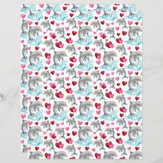 Dolphin Valentines Scrapbook Paper (Front/Back)