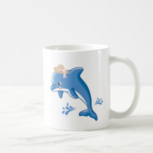 Dolphin wearing a straw hat with stylized water sp coffee mug