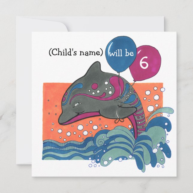 Dolphin with Balloons 6th Birthday Invite (Front)