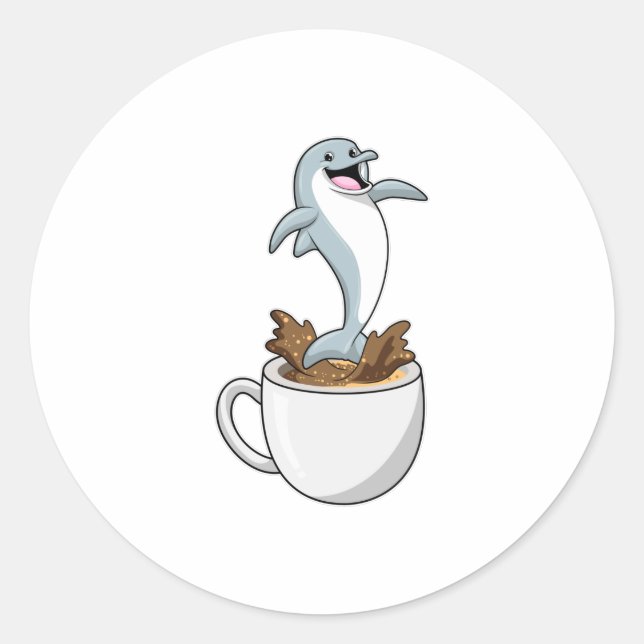 Dolphin with Cup of Coffee Classic Round Sticker (Front)