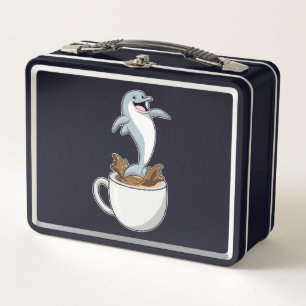Dolphin with Cup of Coffee Metal Lunch Box