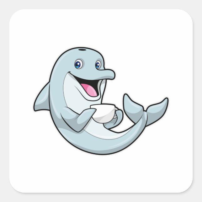 Dolphin with Cup of Coffee Square Sticker (Front)