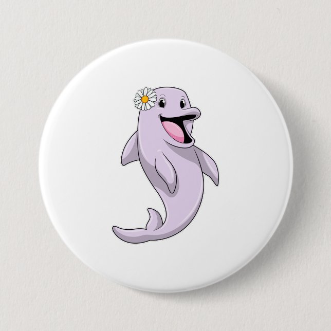Dolphin with Daisy Flower 3 Inch Round Button (Front)