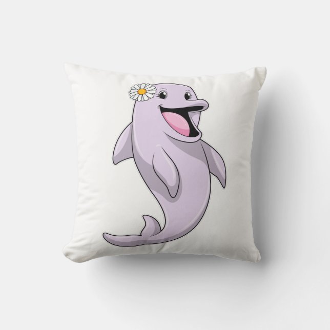 Dolphin with Daisy Flower Throw Pillow (Front)