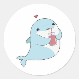 Dolphin with Drink & Heart Classic Round Sticker