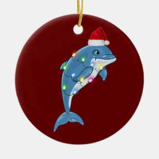 Dolphin With Hat Lights Christmas Ceramic Ornament