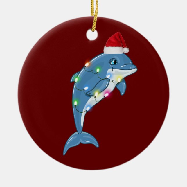 Dolphin With Hat Lights Christmas Ceramic Ornament (Front)