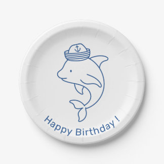 Dolphin with Sailor Hat, Happy Birthday Paper Plate