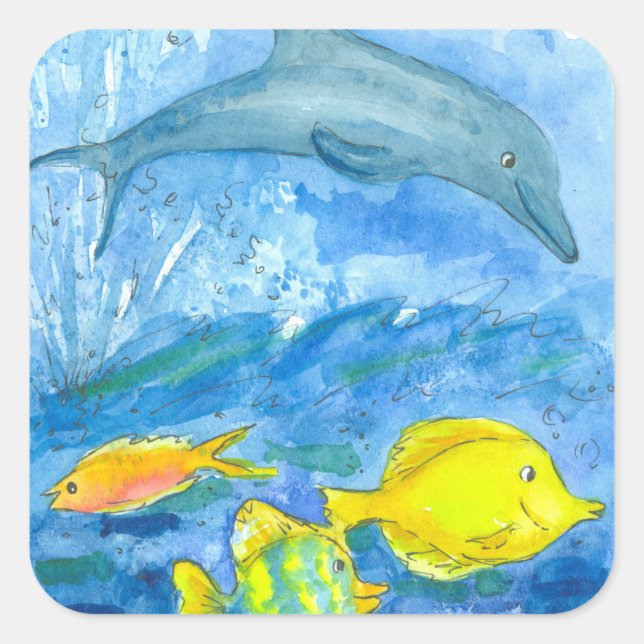 Dolphin Yellow Tang Tropical Fish Square Sticker (Front)