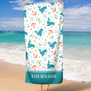Dolphins and Anchors Teal and White Under the Sea Beach Towel