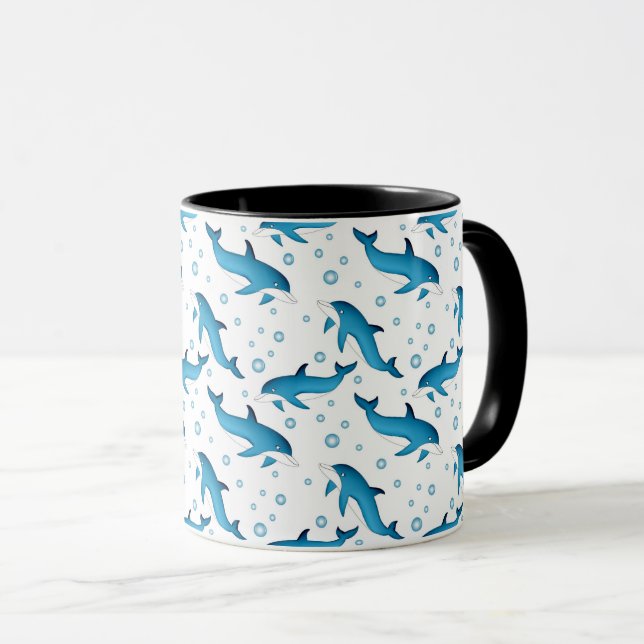 Dolphins and bubbles on white. Mug (Front Right)