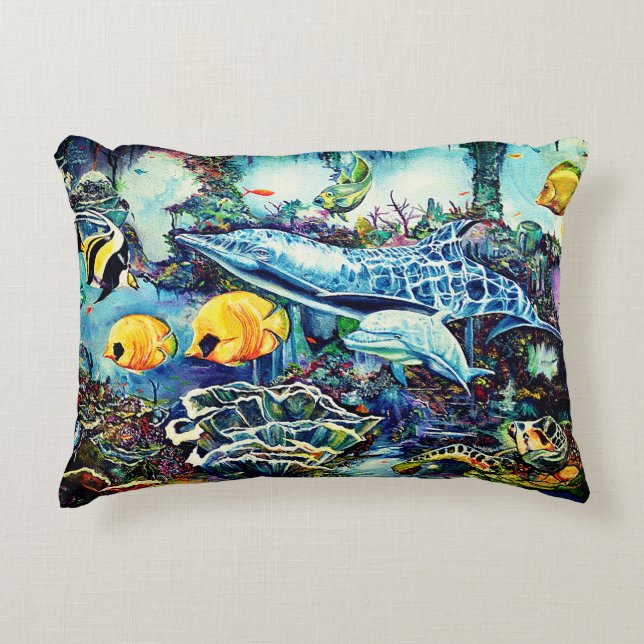 Dolphins and Fish Near Ocean Reef Accent Pillow (Front)