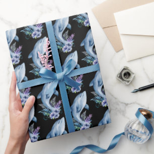 Dolphins and Flowers On Black Wrapping Paper